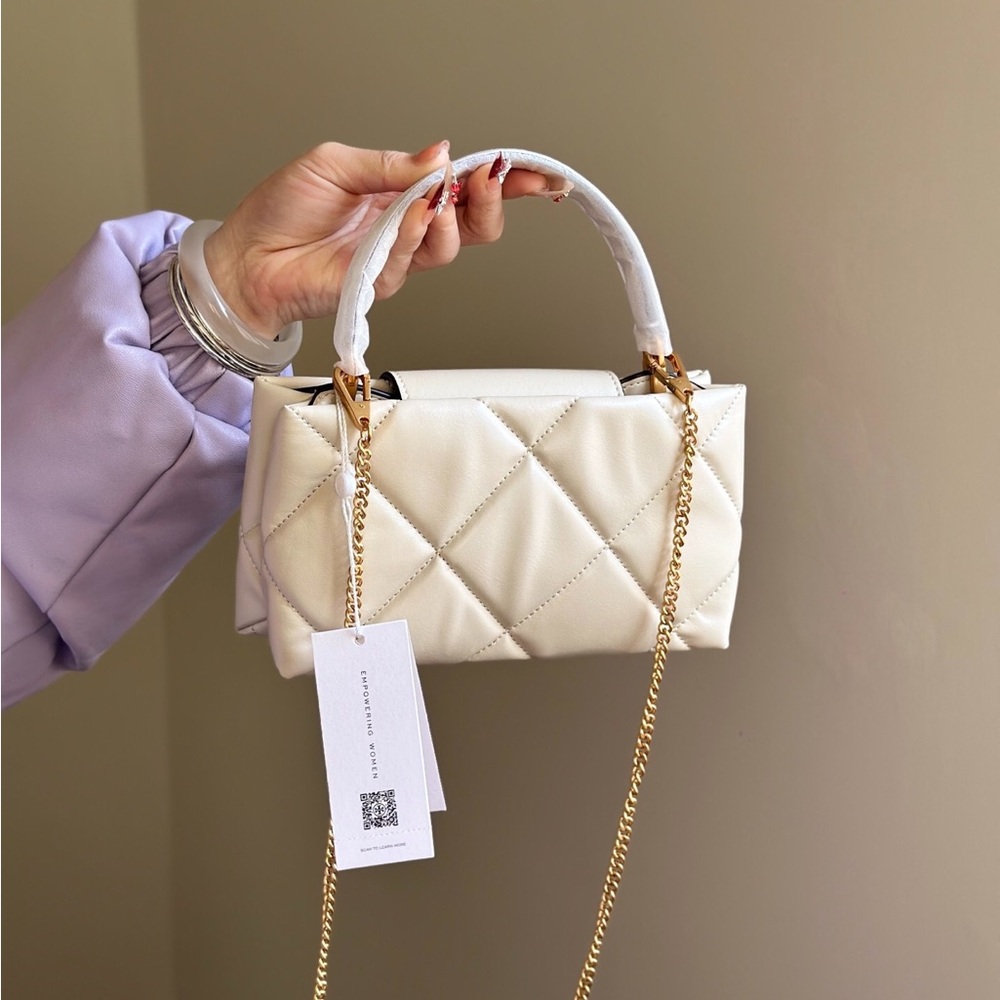 Tory Burch Quilted Mini Top-Handle Satchel in Cream with Gold Hardware - Picture 3 of 8